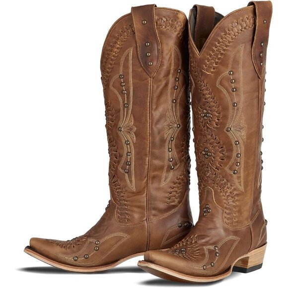 Shoes - Women's Brown Vintage Embroidered Western Pointed Toe Chunky Heel Zipper Boot